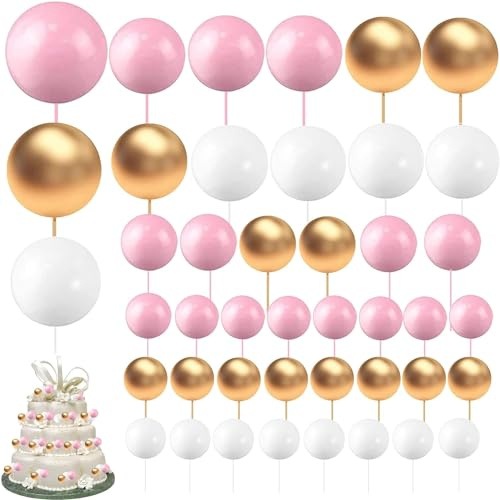 110 Pezzi Topper Torta Sfera in Schiuma, Mini topper torta palloncino Cupcake Perle Balls Perle Finte Schiuma Sfera per Torta per Valentine Compleanno Nozze Festa Baby Shower (Rosa Bianco Or