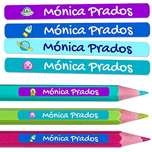 100 Etiquetas Adhesivas Personalizadas para lápices, bolis y rotuladores. Pegatinas escolares con nombre para marcar objetos, resistentes al agua para colegio y guardería, 4,6 x 0,6 cm