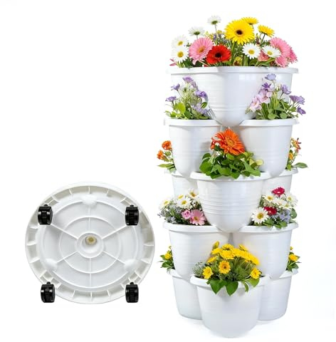 Bamworld Torre de Jardín Vertical 5 Niveles Apilable con Ruedas Bloqueables, Huerto Vertical para Interior y Exterior con Hierbas, Fresas y Verduras, Blanca