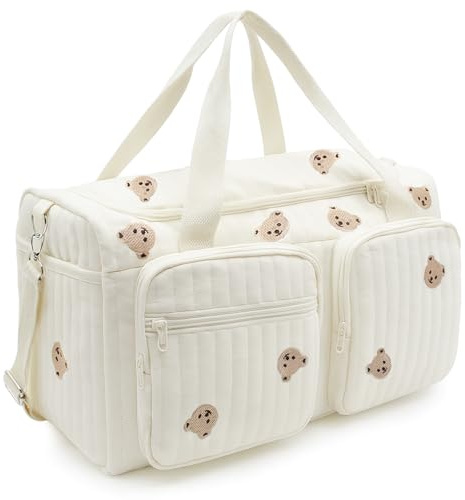 PinDaito Grand Sac à Langer Bebe et Sac de Maternité, 48 × 22 × 26 cm, Sac Bébé en Coton avec Broderie, Mom Bag pour Déplacements, Hôpital Accouchement, Voyages et Poussette