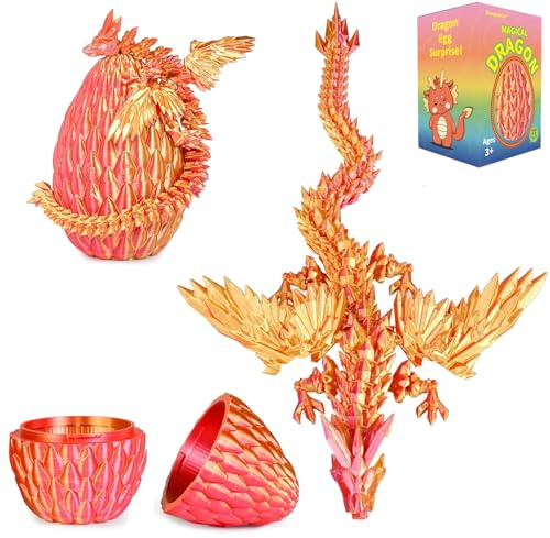 Shangkanlan 3D Printed Dragon in Egg - Fully Articulated Crystal Figurine for Christmas Easter Birthdays, Executive Desk Decor (Red-gold)