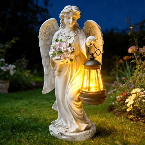 GOMETY Statue da giardino a forma di angelo custode con lanterna solare a LED, decorazione per esterni, scultura d'angelo, decorazione per prato, cortile, terrazza, davanzale