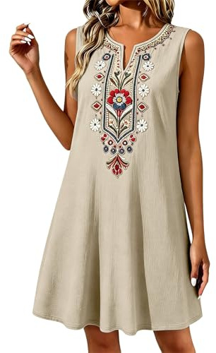 Vestidos Verano Mujer Tirantes Cuello En V de Algodón y Lino Vintage Bordado Boho para Fiesta Playa Larga Transpirable Primavera Verano Vestido Casual Elegante Talla Grande Vacaciones y Uso Diario
