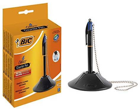 BIC 4 Farben Kugelschreiber mit Kette & Ständer 4 Colours Counter Pen, austauschbare Mienen, Ideal für das Büro, 1 Stück (1er Pack)