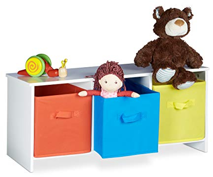 Relaxdays Kindersitzbank mit Stauraum ALBUS, bunte Stoffkörbe, Spielzeugtruhe zum Sitzen, Faltbare Stoffboxen, Spielzeugaufbewahrung, HxBxT: ca. 35,5 x 81 x 29 cm, weiß