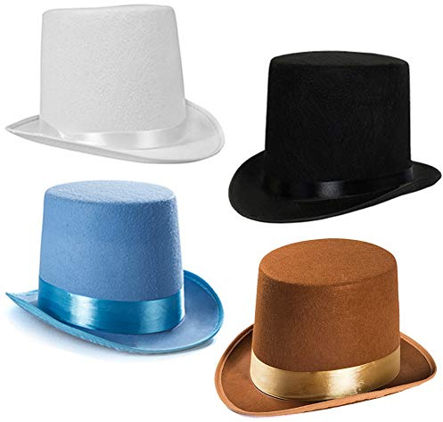Tigerdoe Top Hats - 4 Pack Costume Hats - Black, White, Brown, Blue Party Hats