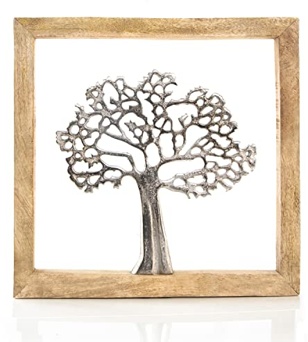 Logbuch-Verlag - Immagine da parete a forma di albero della vita, quadrata, in legno e metallo, decorazione da appendere, color argento e marrone, 31 cm, ottima idea regalo