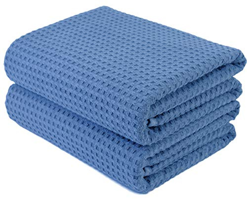 POLYTE Microfiber Oversize Quick Dry Lint Free Bath Towel, 60 x 30 in, Set of 2 (Blue, Waffle Weave)