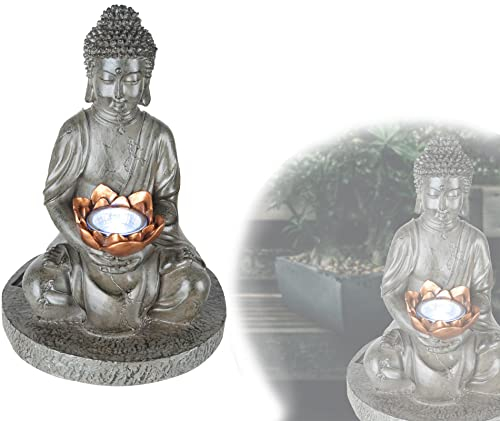 Solarlampe für Außen Garten Buddha Figur - Solarleuchte Balkon Statue - Gartenlampe Höhe 30 cm - Außenleuchte LED Stehend - Gartendeko Solar Wetterfest - inkl Pflegetuch