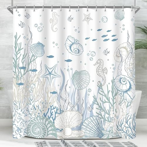 Lerores Duschvorhang 200x200cm, Meeresboden Antischimmel Textil, Beschwerter Saum Wasserabweisend, Waschbar Polyester Stoff Badevorhänge mit Ösen und 12 Duschvorhangringe für Badezimmer, Badewanne