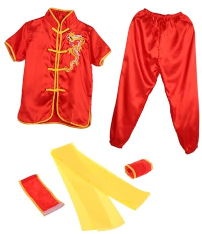 Aymzbd Costume Tradizionale Cinese Wushu Kung Fu Uniforme da Esercizio Gong Abito Uniforme per Uomo Donna Ricamo Morbido Drago, Rosso 140