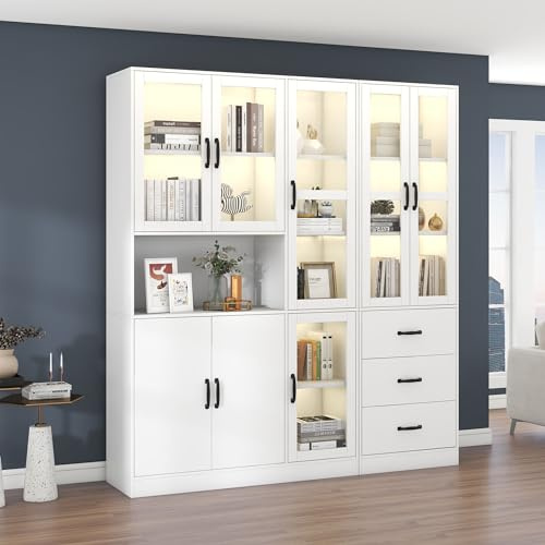 Vitrina blanca con estantes, estanterías con puertas, gran aparador de cocina, armario de almacenamiento, estantería de lujo con luz LED, vitrina con estantes para sala de estar, dormitorio (180L x