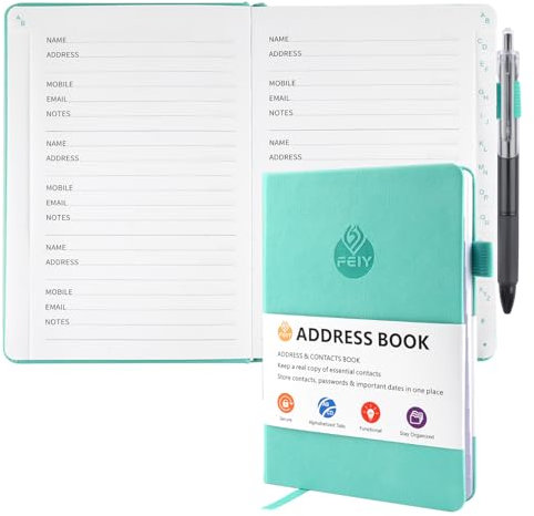 Address Book with Alphabetical Tab, Medium Compact Size Phone Book Small for Telephone Address Organizer with Pen, Pen Loop, Elastic Band, Inner Pocket, Bookmarks(Green)