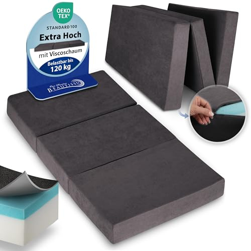 Beautissu Premium XXL Klappmatratze 120x200cm Gästebett faltbar inkl. Tasche – extra dick Visco-Matratze hoher Schlafkomfort – waschbar Gästematratze klappbar einfacher Transport – Anthrazit