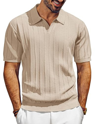 PJ PAUL JONES Chemises Polo Homme Manches Courtes Tricot Col en V Polos de Golf Textures Chemises d'été, abricot, XL