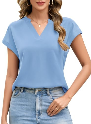 UMIPUBO Donna Camicia Elegante Estiva Camicie Scollo V Bluse Taglie Forti Casual Base Colore Puro Classica Maglie Larghe Magliette Donna Manica Corta (Blu, M)