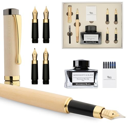 Wordsworth & Black Fountain Pen Gift Set, Include bottiglia d'inchiostro, 6 cartucce d'inchiostro, convertitore di ricarica, 4 pennini di ricambio, bambù di lusso, calligrafia, penne [Legno d'acero]