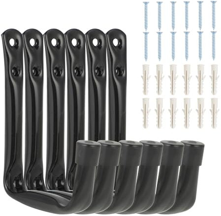 Windfromort Ganci da Parete 12x9 cm – 6 Pezzi Ganci a J in Acciaio Resistenti per Garage – Porta Bici da Muro Regolabili, Supporti da Parete per Attrezzi, Scale ed Equipaggiamento (Nero)