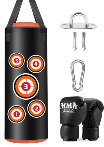 Boxsack Hängend für Kinder, 60cm/2ft Box Set für Jugendliche Erwachsene, Indoor/Garten Ungefüllter Boxsack Kit mit Boxhandschuhen, Deckenhaken für MMA Grappling Muay Thai Karate