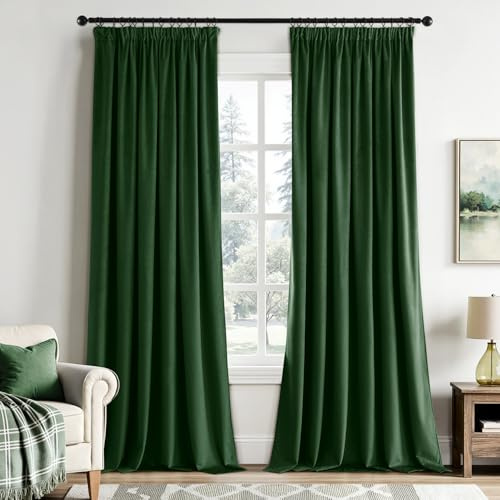 EMEMA Sammetsgardiner med viksäck, mörkgrön, dekorativa gardiner, set med 2, vacker tjocklek och tunga gardiner, vardagsrum, sovrum, mörkläggning, termogardiner, H280 x B140 cm