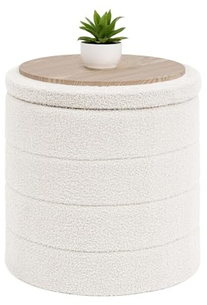 B FSOBEIIALEO Ottoman with Stroage, Round Sherpa Storage Ottoman Stool, Boucle Foot Rest 16.9x16.9x17.7（White