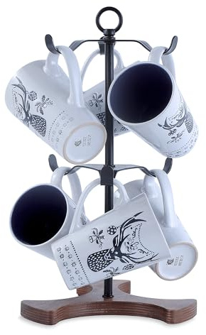 Arbre porte-tasses pour comptoir | Porte-tasses à café à 2 niveaux pouvant contenir 6 grandes tasses, 140 ml à 591 ml | Support en métal peu encombrant avec base en bois massif | Organiseur de
