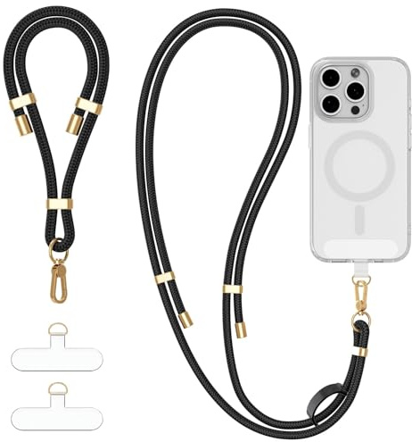 Lucforeen 4-IN-1 Phone Lanyard + Wrist Strap Kit with 2 Pack Tabs, Universal Adjustable Phone Strap Crossbody, Anti-Theft Neck Lanyard for iPhone 17 Pro Max and Most Smartphones, Black