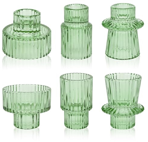 YYTECH Set med 6 ljusstakar glas, värmeljushållare grön transparent, 2 i 1 ljushållare glas grön ljushållare stavljus för bordsdekoration, kristall värmeljusglas, bröllop, födelsedag, fest