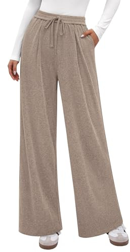 PRETTYGARDEN Women's Wide Leg Pants 2026 Fall Clothes Elastic High Waisted Knit Lounge Palazzo Pant Trousers with Pockets (Khaki,Large)