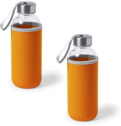 Genérico Juego de 2 Botellas de Agua de Cristal de 420ml con Funda de Neopreno y Tapa de Seguridad, Botellas Reutilizables de Bebidas para Deporte, Oficina y Viajes (Naranja)