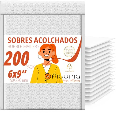 OFITURIA Buste imbottite con bolle 150x220 mm, polietilene bianco, buste per spedizione con chiusura adesiva forte, resistenti all’acqua, ideali per ecommerce e ufficio (200 pz)
