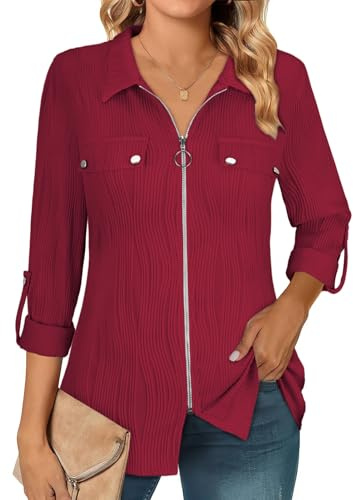 Flikity Womens Tops 3/4 Long Sleeve Zip Front Shirt Casual Ladies Blouse UK | Woman Long Sleeve Zip Front Collared Blouse with 3/4 Sleeves, Ladies Shirt Chest Pockets and Smart Casual Style Top UK