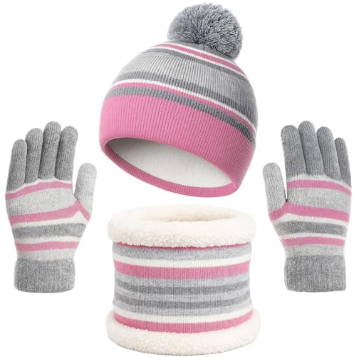GWAWG 3 Pieces Hat And Scarf Sets for kids Winter Pom Pom Hat Scarf Gloves Set for Girls Boys Warm Knitted Beanie Hats Snood and Gloves for Children Aged 5-12 Outdoor Sports (Pink)