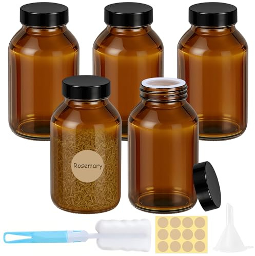 Ferenando Confezione da 5 bottiglie in vetro ambrato da 500 ml con coperchio nero e guarnizione interna, a doppia tenuta, barattoli vintage in vetro ambrato con coperchio per conservare erbe, spezie