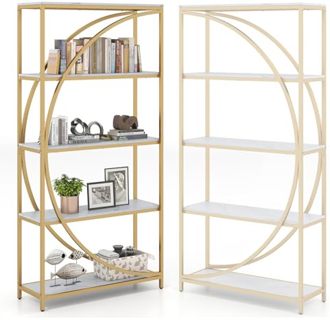 HOMASIS Libreria a Multi Livelli in Legno a Forma di Mezzaluna, Mensola da Parete con Ripiani Aperti, Scaffale Contenitore per Soggiorno, Ufficio (Bianco, Modello 3, 86 x 30 x 175 cm)