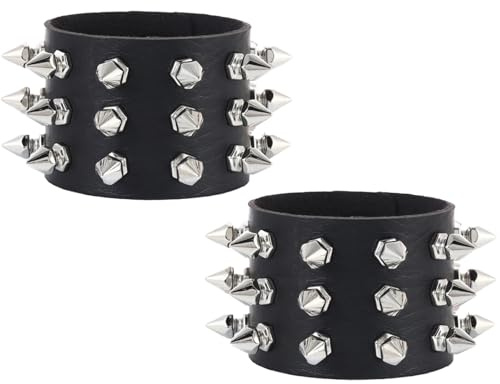 2Pcs Punk Studded Bracelet,Black Gothic Jewelry Punk Rock Spiked Bracelets Adjustable PU Leather Cuff Rivet Wristband for Men Women Vintage 80s 90s Emo Accessories Halloween Christmas Punks Gift