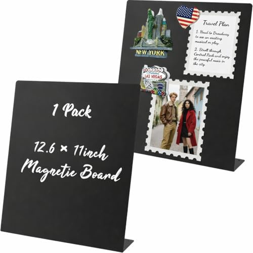 Pizarra Magnetica de Escritorio Negra,Tablero Magnetico de Metal Tipo Magnetic Board,Soporte Vertical para Fotos y Notas,Tablero para Imanes y Recuerdos de Viaje,Tablero de Notas para Oficina y Hogar