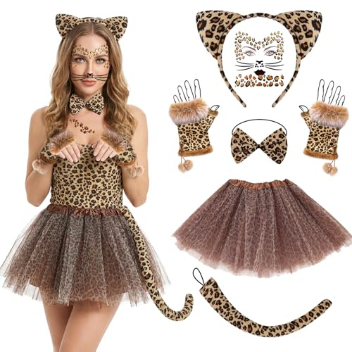 EDLMKM Leopard Costume Set, Leopard Costume Women Adult, with Ears Headband, Bow Tie, Tail, Gloves, Face Stickers and Tutu Skirt, for Halloween Cosplay Party