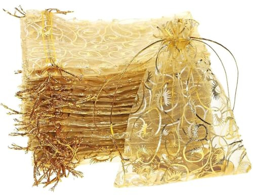 KAHZOR 100 Pezzi Sacchetti Organza, Sacchetti Confetti 7X9 Cm, Sacchetti Regalo Con Laccetto, Sacchetti Portaconfetti Stampati Per Bomboniere Matrimonio, Feste, Regali Di Natale, Confezioni Regalo