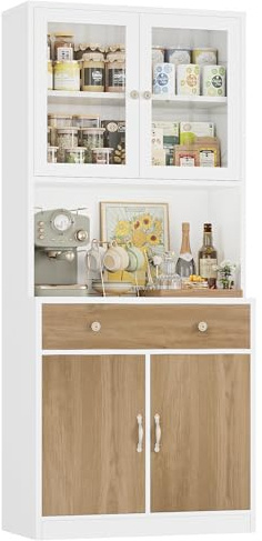 HOCSOK Alacena de Cocina 180cm, Armario Cocina, Vitrina de Cristal con Estantes Ajustables, 2 Puertas, Mueble de Cocina para Microondas, para Comedor Y Sala de Estar