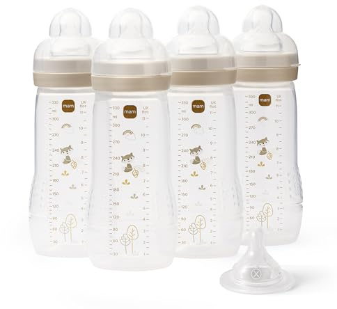 MAM Easy Active Bottles, 4X 330ml, Easy-Grip Ergonomic Shape, Neutral | Baby Milk Bottle with MAM Fast Flow Teat Size 3 and Extra Fast Flow Teat Size X, Baby Accessories (Designs Vary)