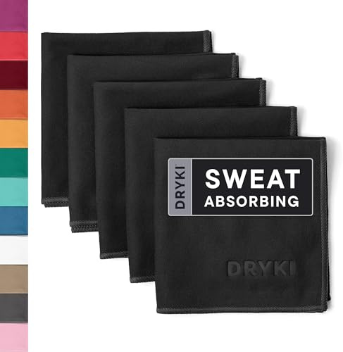 DRYKI Sweat Absorbing Handkerchiefs - The Original Pocket-Sized Sweat Towels - Quick-Dry Microfiber Sweat Rags for Face, Hands, & Body - Men & Women - Gym, Sports, and Work (Black: 5 Pack)