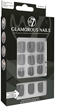 W7 Glamorous Nails - Salon Professional False Nails At Home - Glue Adhesive Included - Square Oval Shape - Jet Black