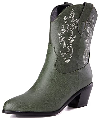 Mo Joc Botas de vaquero para mujer, de caña corta, tobillo, media pantorrilla, con tacones de bloque y punta puntiaguda, botas occidentales, verde, 41 EU