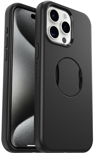 OtterBox OtterGrip Symmetry Hülle für iPhone 15 Pro Max für MagSafe, Sturzsichere, schützende Hülle mit eingebautem Griff, 3X getestet nach Militärstandard, Schwarz