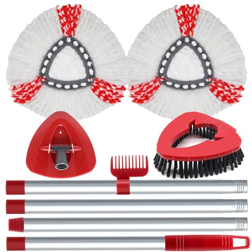 Spin Mop Head Replacement Compatibility with Vileda All Turbo System, 2 Microfiber Mop Refill+1 Handle+1Base+1 Cleaning Brush Comb, Shower Floor Scrubbing Brush Replace Head Deck Scrubber