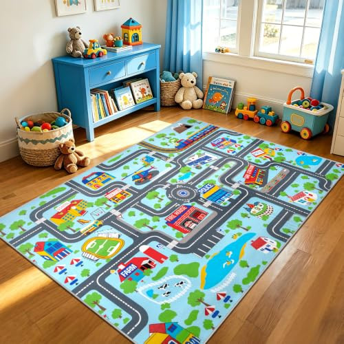 Capslpad Kids Rug Educational Play Rug 6.6' x 5' Traffic Road Kids Car Mat Large Learning Play Game Area Rug Kid Carpet for Playroom Living Room Nursery Room Decor, Sky Blue