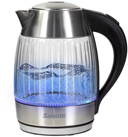 Salente StripeGlass - Caldaia in vetro borosilicato rinforzato da 1,8 l, filtro anticalcare a secco, 2200 W, luce LED (retroilluminazione blu)