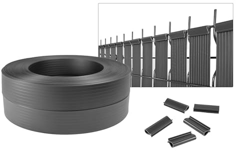 CASANOOV Kit Lamelles Occultantes PVC Souple BALDO Bande Brise Vue pour Grillage Rigide et Clôture – 2000 x 4,6 cm Gris – 400 Clips Inclus Cache Clôture Jardin - Montage Horizontal, Vertical Facile