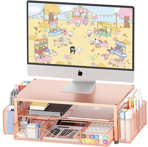 OPNICE Desk Organizer and Accessories, 2-Tier Computer Monitor Stand Riser with Drawer and 2 Pen Holders, Laptop Stand, Office Desk Accessories for Office Supplies, Rose